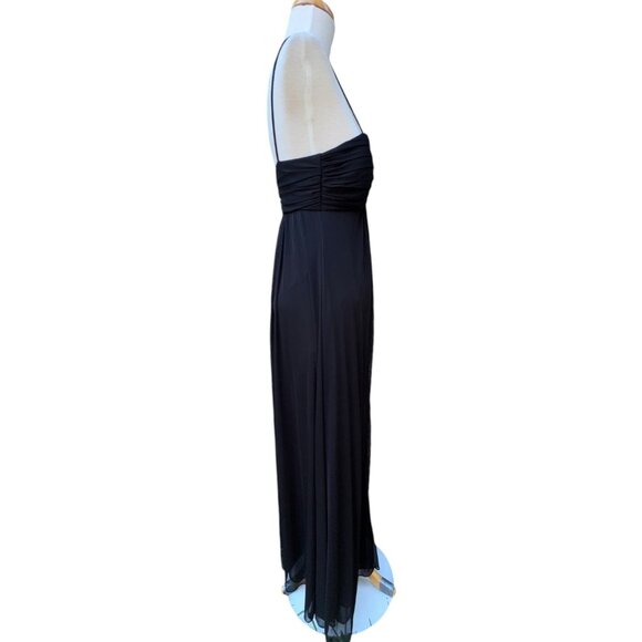 Betsy & Adam Size 6 Black Evening Gown With Rhinestone V-Neckline & Spaghetti St - Picture 5 of 12